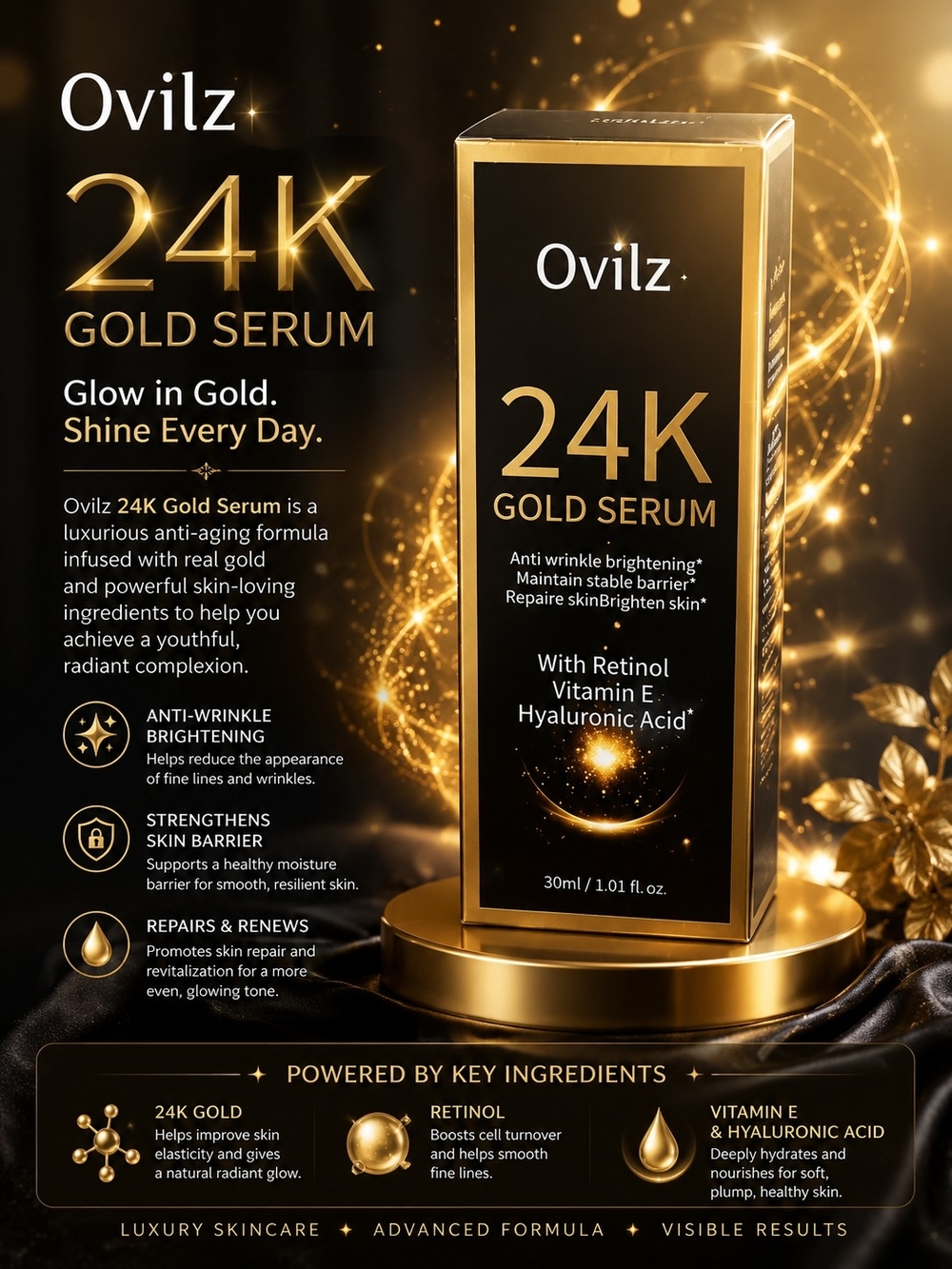 Ovi 24K Gold Serum — Black & Gold Luxury Face Oil